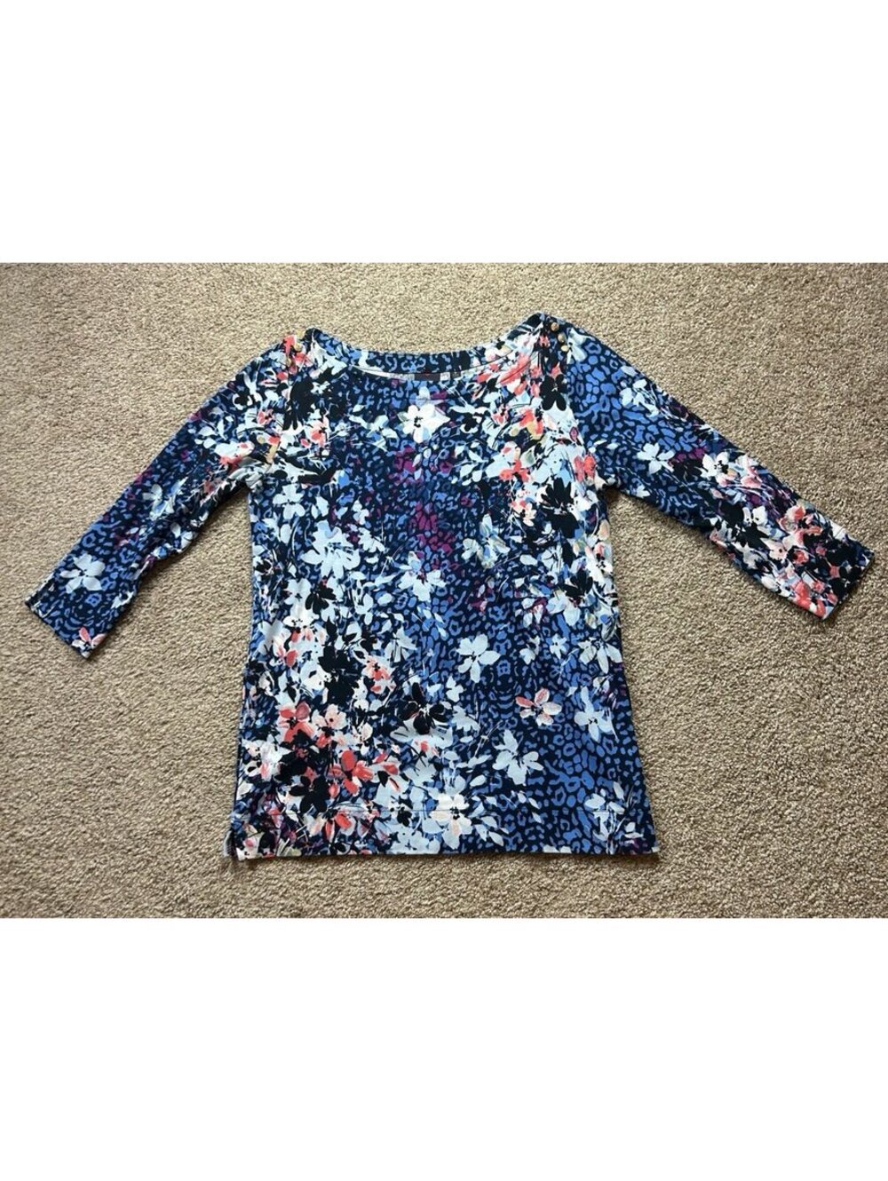 Rafaella Women’s Blue Floral 3/4 Sleeve Knit Top Scoop Neck Stretch Blouse
